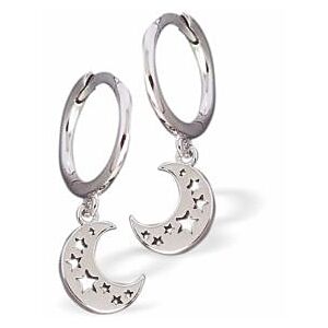 Silver Coloured Moons with Star Inlay Hoop Earrings, Rhodium Plated E886