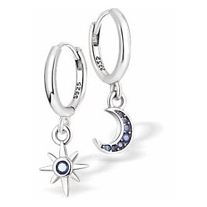 Silver Coloured Moon with Crystals and Star Hoop Earrings, Rhodium Plated E887