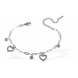 Adjustable Silver Coloured Chain Link Bracelet with Heart Charms, Rhodium Plated B25