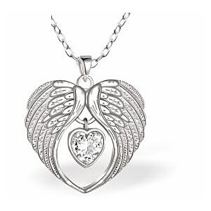 Silver Coloured Heart Shaped Wings with Crystal Heart Necklace, Rhodium Plated C041
