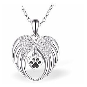 Silver Coloured Heart Shaped Wings with Paw Print Necklace, Rhodium Plated C042
