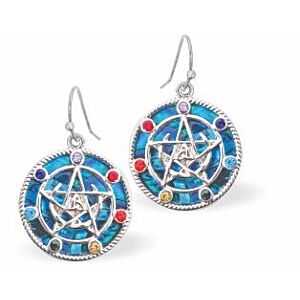 Multi-Stone surrounding Star Drop Earrings of Paua Shell, Rhodium Plated CD41