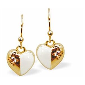 Golden Drop Earrings with White and Golden Coloured Heart Drops and Crystal Dots DR08