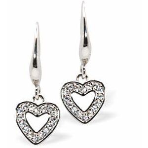 Silver Drop Earrings with Hollow, Pave Heart Drops with Crystal Embellishment DR15