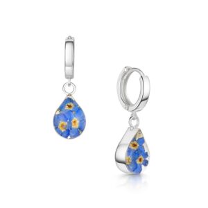 Sterling silver Huggie earrings - Pair - Forget-me-not  - Teardrop