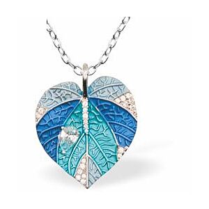Designer Rain Forest Leaves Necklace in Various Blues, Rhodium Plated K605