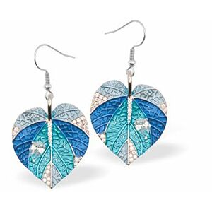 Designer Rain Forest Leaves Drop Earrings in Various Blues, Rhodium Plated K606