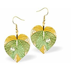 Designer Rain Forest Leaves Earrings in Green and Yellow, Rhodium Plated K608