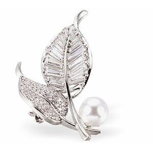 Sparkly, Crystal Leaves with Pearl Raindrop Brooch, Rhodium Plated K731