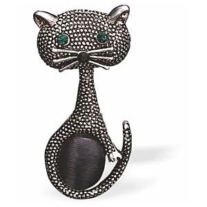 Beautiful Black Cat Brooch, Rhodium Plated K733