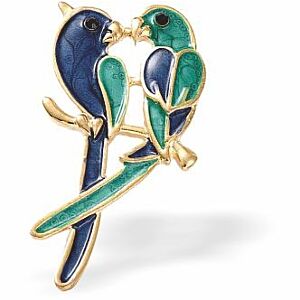 Sweet Pair of Parrots Brooch, Rhodium Plated K735
