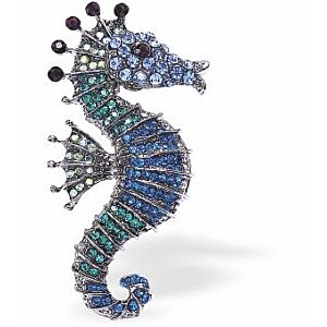 Sparkly, Beautiful Seahorse Brooch in Blues and Greens, Rhodium Plated K736
