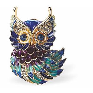 Beautiful Crazy Owl Brooch in Blues and Greens, Rhodium Plated K737