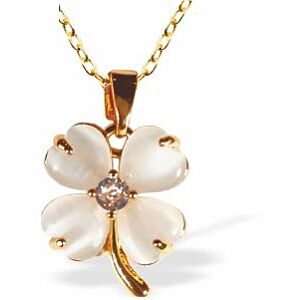 White Four Leaf Clover Pendant Necklace, Gold Plated MP38