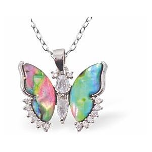 Natural Paua Shell Butterfly with Crystals Necklace, Rhodium Plated P829