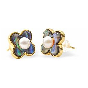 Paua Shell Daisy with Pearl Studs, Rhodium Plated, Golden Framed/Chain PA35