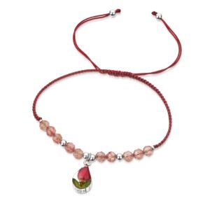 Pink woven bracelet - gemstone - flower charm 