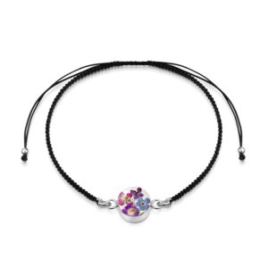 Sterling Silver black woven bracelet + flower charm