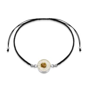 Sterling Silver black woven bracelet + flower charm