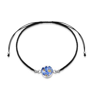 Sterling Silver black woven bracelet + flower charm