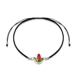 Sterling Silver black woven bracelet + flower charm