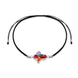 Sterling Silver black woven bracelet + flower charm